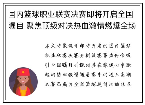 国内篮球职业联赛决赛即将开启全国瞩目 聚焦顶级对决热血激情燃爆全场