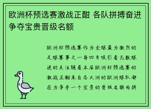 欧洲杯预选赛激战正酣 各队拼搏奋进争夺宝贵晋级名额