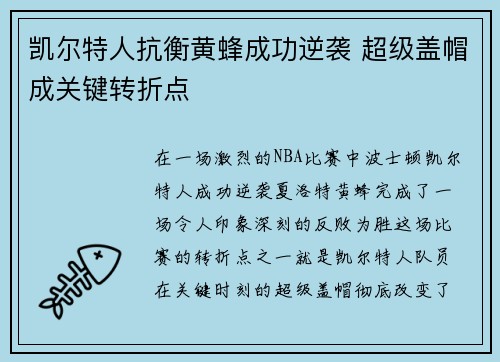 凯尔特人抗衡黄蜂成功逆袭 超级盖帽成关键转折点