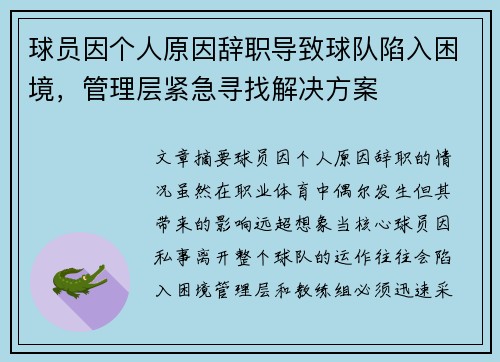 球员因个人原因辞职导致球队陷入困境，管理层紧急寻找解决方案