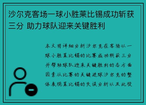 沙尔克客场一球小胜莱比锡成功斩获三分 助力球队迎来关键胜利