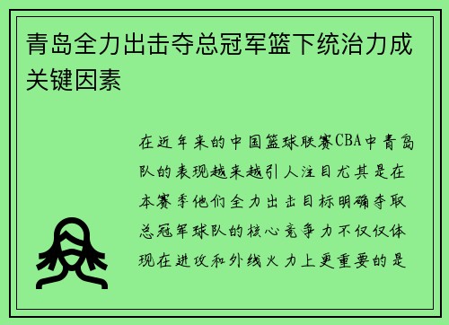 青岛全力出击夺总冠军篮下统治力成关键因素