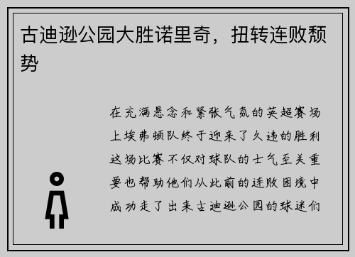 古迪逊公园大胜诺里奇，扭转连败颓势