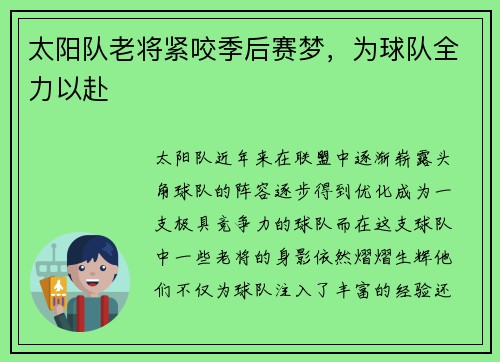 太阳队老将紧咬季后赛梦，为球队全力以赴