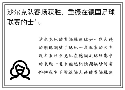 沙尔克队客场获胜，重振在德国足球联赛的士气