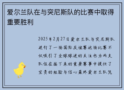 爱尔兰队在与突尼斯队的比赛中取得重要胜利