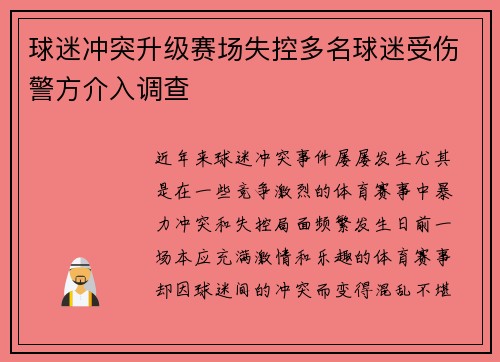 球迷冲突升级赛场失控多名球迷受伤警方介入调查