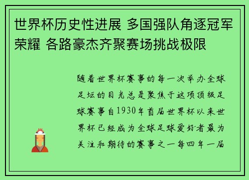 世界杯历史性进展 多国强队角逐冠军荣耀 各路豪杰齐聚赛场挑战极限
