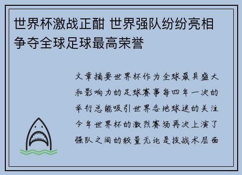 世界杯激战正酣 世界强队纷纷亮相 争夺全球足球最高荣誉