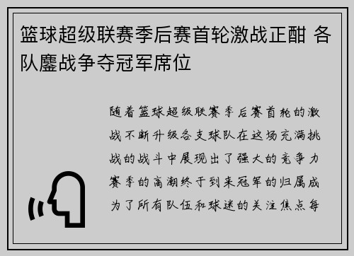 篮球超级联赛季后赛首轮激战正酣 各队鏖战争夺冠军席位
